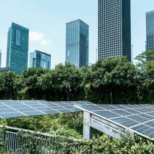 Skyscrapers overlooking solar panels